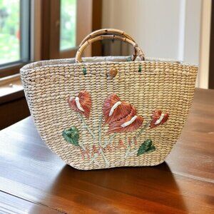 Vintage Hawaii Woven Straw Tote Bag w/ Bamboo Handles, Lined